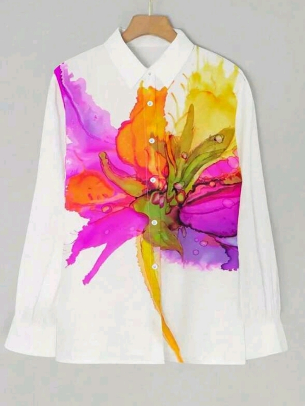 White Button-Up Top with Multicolor Watercolor Floral Print